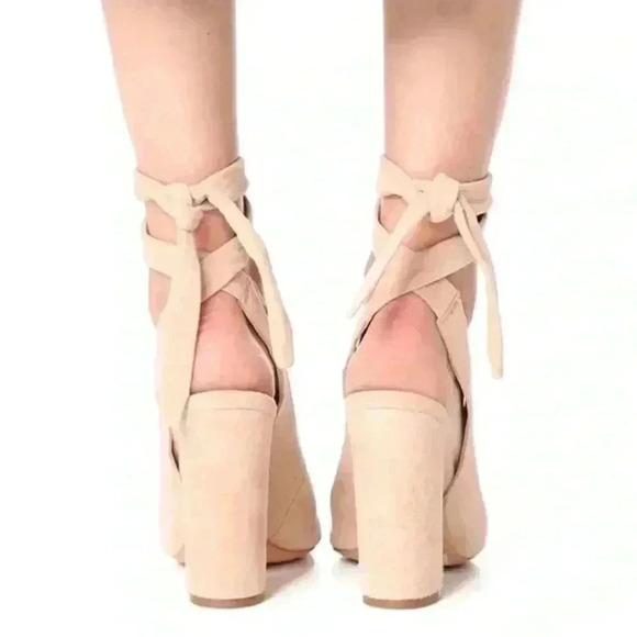 Schutz Archie Sandal Ankle Wrap Block Heel Beige Leather Suede Size 6 - Picture 3 of 12